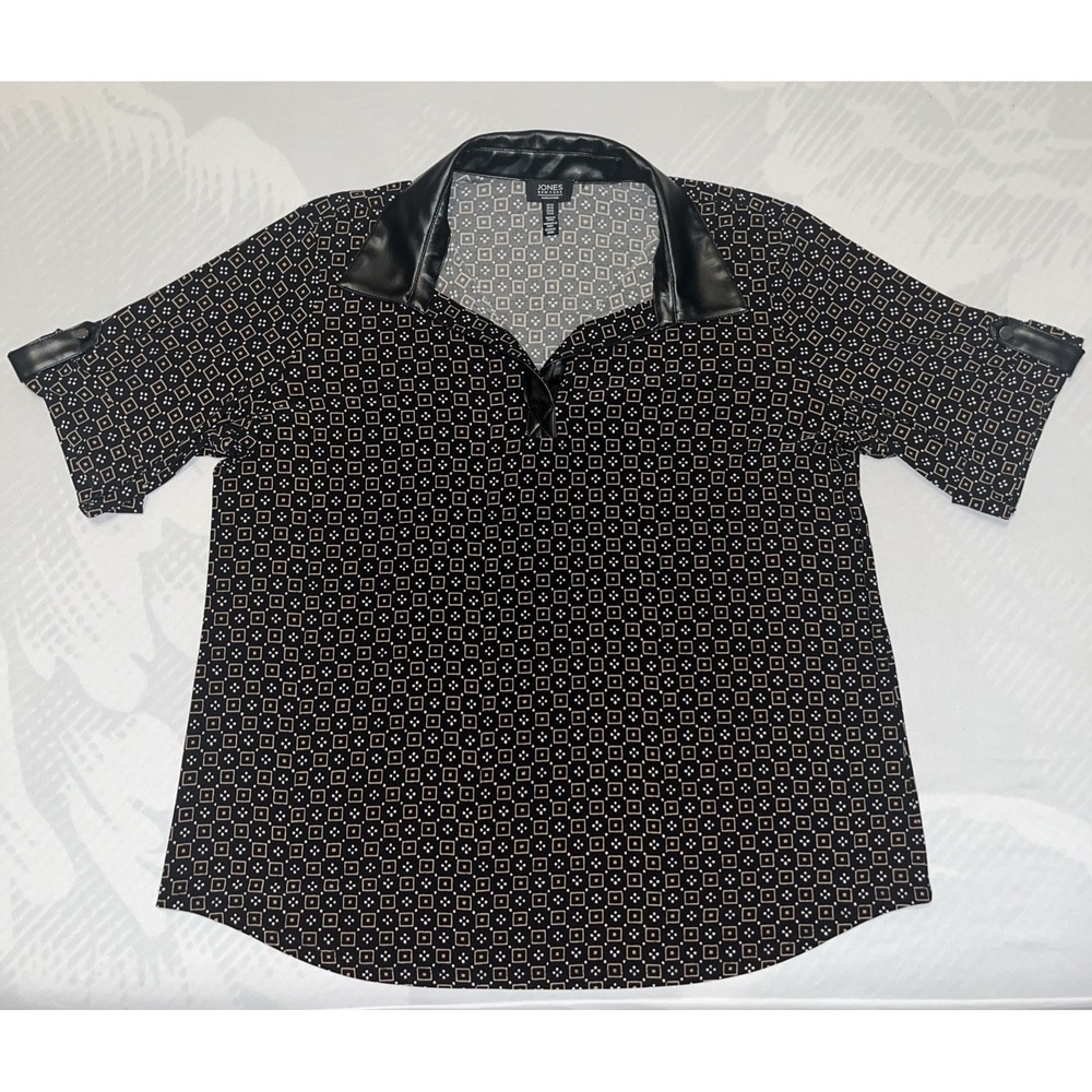 Jones New York Black Faux Leather Collar Geometric Print Blouse Tunic Top XL